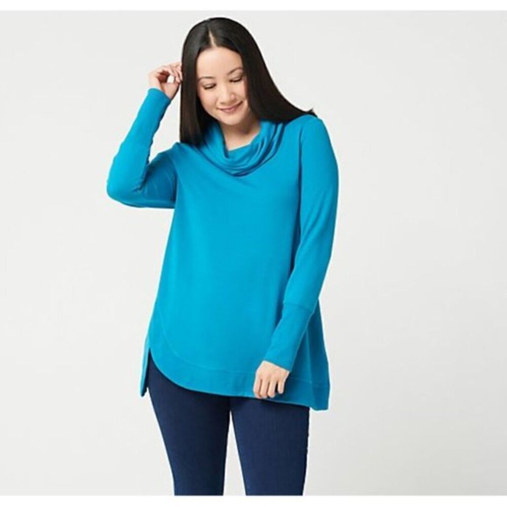 H BY HALSTON Basic Teal Blue Cowl Neck Asymmetrical Oversized Tunic Top Large